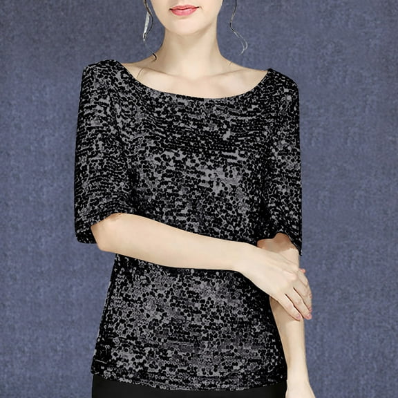 iHengLiXing Plus Size Womens Tops Dressy Casual Spring Women Sequin Round-Neck Short Sleeve T-Shirt Sloid Blouse Black XXXXL