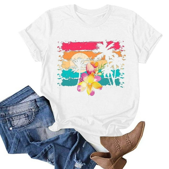 iHengLiXing Plus Size Womens Tops Dressy Casual Summer Beach Printed T-shirt With Round Neck And Short Sleeved Top White XXXL