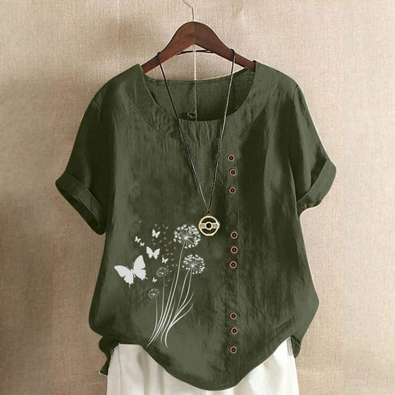 iHengLiXing Plus Size Womens Tops Dressy Casual Women Casual And Linen Round-Neck Top Printed Short Sleeve Button T-shirt Blouse Green XXL