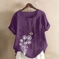 thumbnail image 1 of iHengLiXing Plus Size Womens Tops Dressy Casual Women Casual And Linen Round-Neck Top Printed Short Sleeve Button T-shirt Blouse Purple XXXXL, 1 of 4