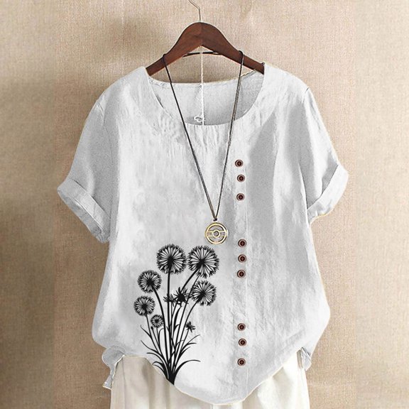 iHengLiXing Plus Size Womens Tops Dressy Casual Women Casual And Linen Round-Neck Top Printed Short Sleeve Button T-shirt Blouse White XXXXXL