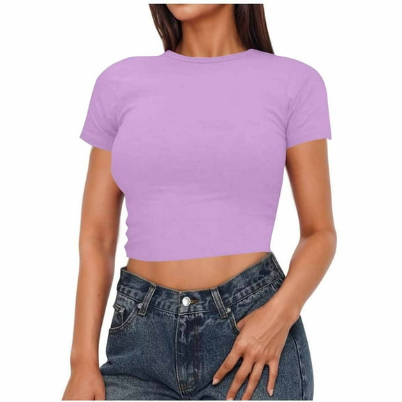 iHengLiXing Plus Size Womens Tops Dressy Casual Women Crop Cute Trendy Basic Tight Rounk Neck Crop Blouse Short Sleeve Crop TopS Purple XL