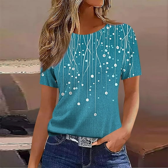 iHengLiXing Plus Size Womens Tops Dressy Casual Women's Casual And Fashionable Printed T-shirt With Round Neck And Short Sleeved Top Blue M