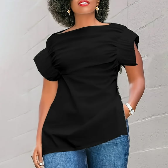 iHengLiXing Plus Size Womens Tops Dressy Casual Women's Casual Round Neck Puff Short-sleeved Solid Short T-shirt Zipper Black XXL