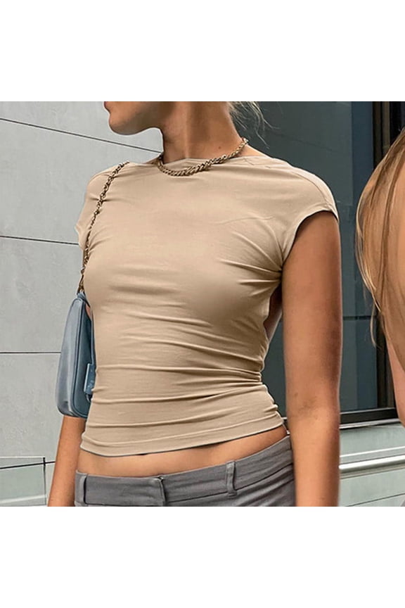 Plus Size Womens Tops Dressy Casual Women's Hollowed-out Backless Top Tight-fitting Short-sleeved Navel High-neck Solid Color Hot Girl Sexy European Beauty Top Brown M