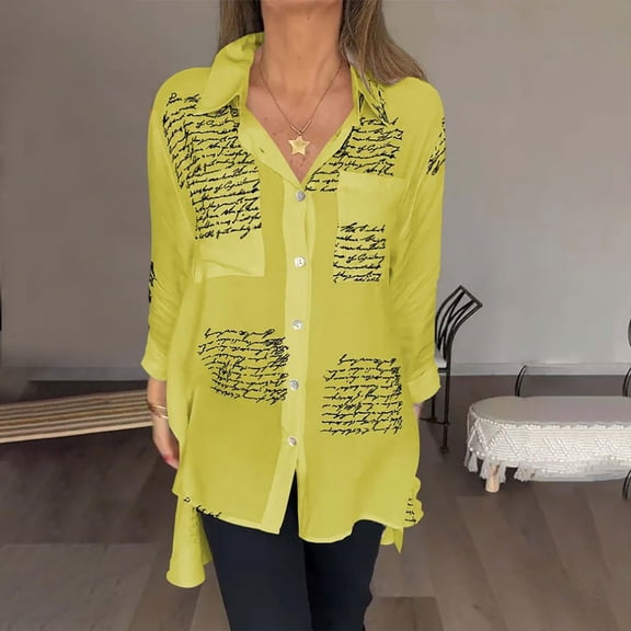 iHengLiXing Plus Size Womens Tops Dressy Casual Women's Lapel Irregular Front Short Back Long Printed Loose Sexy Long Sleeved Shirt Yellow S