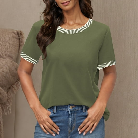 iHengLiXing Plus Size Womens Tops Dressy Casual Women's New Solid Color Round Neck Top T-shirt Short Sleeved Contrasting Thread Green S