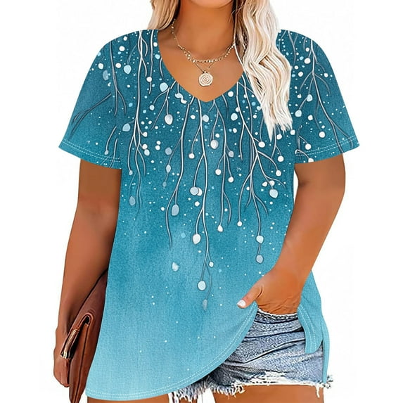 iHengLiXing Plus Size Womens Tops Dressy Casual Women's Plus Size V-neck Printing Short Sleeve Solid Color Summer Base T-shirt Blue XXL