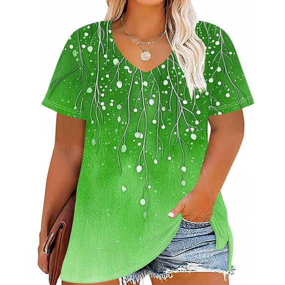 iHengLiXing Plus Size Womens Tops Dressy Casual Women's Plus Size V-neck Printing Short Sleeve Solid Color Summer Base T-shirt Green XXXXL