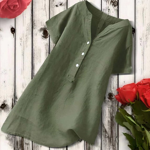 iHengLiXing Plus Size Womens Tops Dressy Casual Women's V-Neck Short Sleeve Loose Button Cotton And Linen Tunic Shirts Summer Shirts Blouse Green XXXL