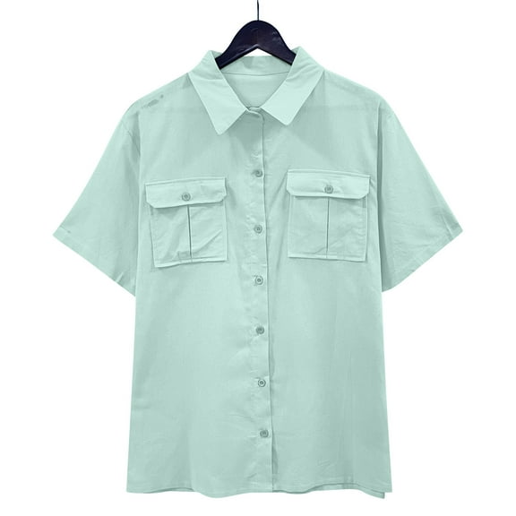 iHengLiXing Spring Tops for Womens Dressy Casual Unisex Summer Lapel Breasted Double Pocket Short Sleeved Shirt Top Short Sleeved Lapel Top/shirt Green XL
