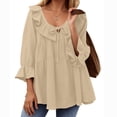 thumbnail image 1 of iHengLiXing Spring Tops for Womens Dressy Casual Women's Short Sleeved V-neck Top/shirt Women's Casual Shirt 3/4 Sleeved V-neck Ruffled Top Business Women's 2024 Summer Fashion Work Shirt Brown S, 1 of 6