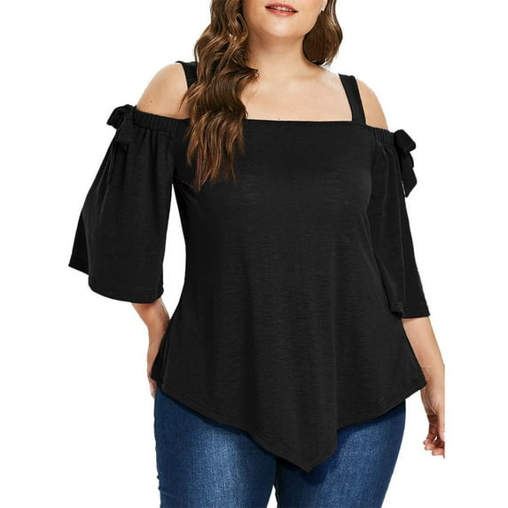iHengLiXing Spring Tops for Womens Dressy Casual Fashion Women Casual Plus Size Asymmetric Cold Shoulder Top T-shirt Bow Blouse Black XXXL