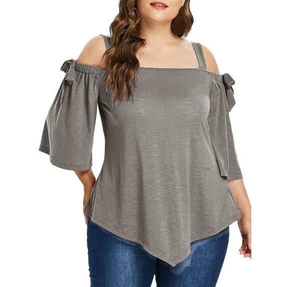 iHengLiXing Spring Tops for Womens Dressy Casual Fashion Women Casual Plus Size Asymmetric Cold Shoulder Top T-shirt Bow Blouse Gray XXXXL
