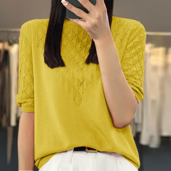 iHengLiXing Spring Tops for Womens Dressy Casual Fashion Women's Casual Solid Color Knit Short Sleeve Round-Neck Blouses Shirts Yellow M