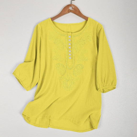 iHengLiXing Spring Tops for Womens Dressy Casual For Women Women's Casual Short Sleeve Round Neck Summer Loose Tee Shirts Blouse Yellow M