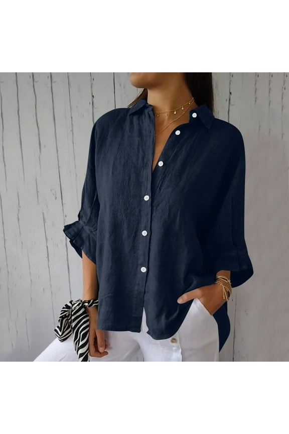Spring Tops for Womens Dressy Casual Women Solid Casual And Linen Wrinkles Tie Back Fashion Shirt Blue L