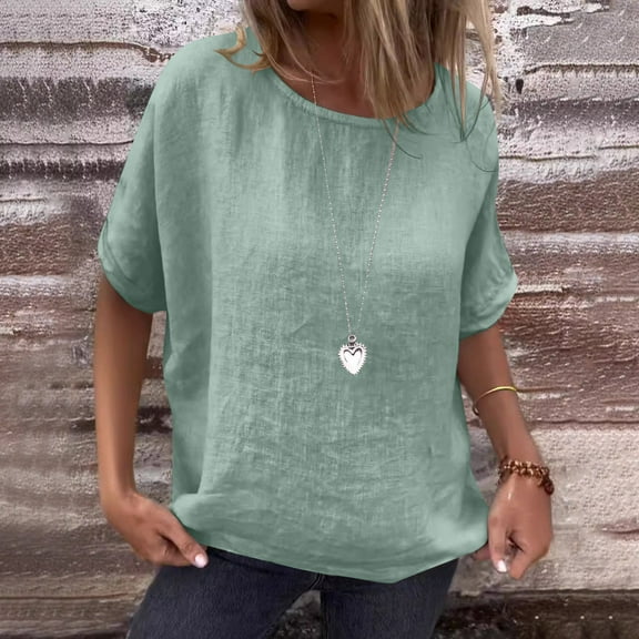 iHengLiXing Spring Tops for Womens Dressy Casual Women Solid Color Round Neck Half-sleeved Linen Blouse Green XXL