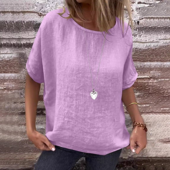 iHengLiXing Spring Tops for Womens Dressy Casual Women Solid Color Round Neck Half-sleeved Linen Blouse Purple L