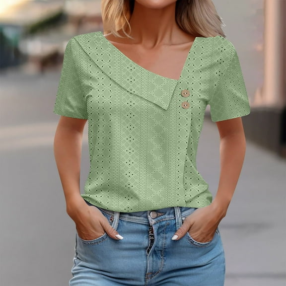 iHengLiXing Spring Tops for Womens Dressy Casual Women's Loose Summer Casual Solid Color V-neck Short Sleeved T-shirt Top Green L