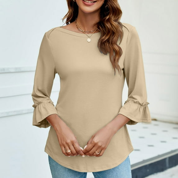 iHengLiXing Spring Tops for Womens Dressy Casual Women's Short Sleeves 3/4 Sleeves Casual Pullover Blouse T-shirt Beige L