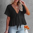 thumbnail image 1 of iHengLiXing Spring Tops for Womens Dressy Casual Women's Solid Color Short Sleeve V Neck Blouses Ruffle Hem Tie Front Crop Summer Tops Black M, 1 of 9