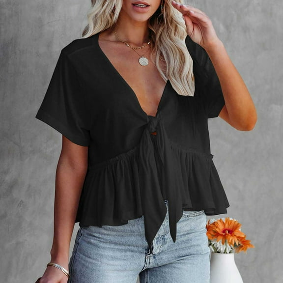 iHengLiXing Spring Tops for Womens Dressy Casual Women's Solid Color Short Sleeve V Neck Blouses Ruffle Hem Tie Front Crop Summer Tops Black XL