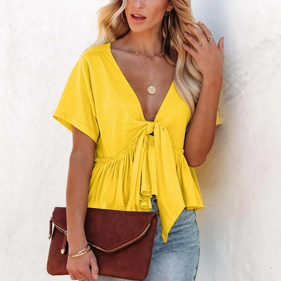 iHengLiXing Spring Tops for Womens Dressy Casual Women's Solid Color Short Sleeve V Neck Blouses Ruffle Hem Tie Front Crop Summer Tops Yellow XL