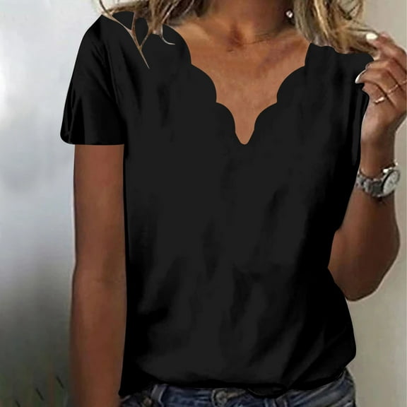 iHengLiXing Spring Tops for Womens Dressy Casual Women's Summer Fashion Solid Color Neck Casual Short Sleeved Top Black L