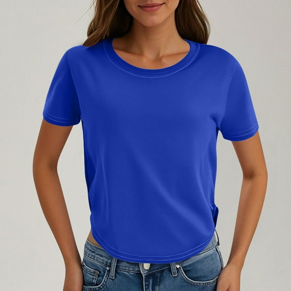 iHengLiXing Summer Dresses for Women 2025 Plus Size Tank Tops for Women Dressy Casual Women's New Round Neck Short Sleeve Irregular Hem Solid Color Casual T-shirt Blue XL