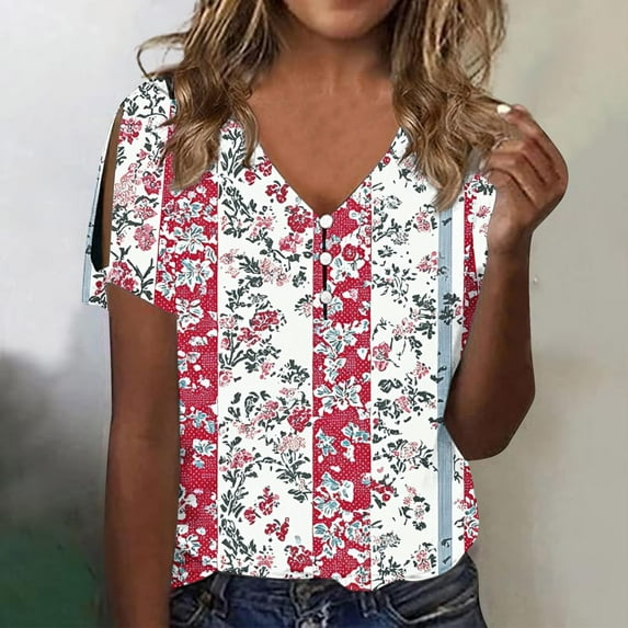 iHengLiXing Summer Dresses for Women 2025 Plus Size Tank Tops for Women Dressy Casual Women's Printed Blouses Short Sleeved V-Neck Button Fashionable L