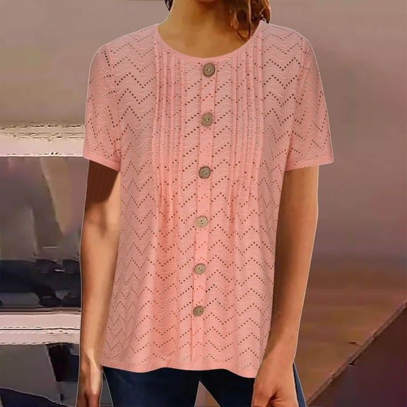 iHengLiXing Summer Dresses for Women 2025 Plus Size Tank Tops for Women Dressy Casual Women's Round Neck Short Sleeve Loose Button Solid Color Tunic Summer Blouse Orange S