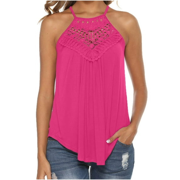 iHengLiXing Summer Saving 2025 Plus Size Tank Tops for Women Dressy Casual Women's Solid Color Casual Lace Up Tank Tops Sexy Hollow Sleeveless Round Neck Tops Pink L