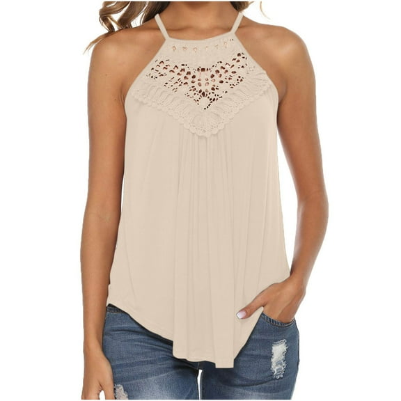 iHengLiXing Summer Saving 2025 Plus Size Tank Tops for Women Dressy Casual Women's Solid Color Casual Lace Up Tank Tops Sexy Hollow Sleeveless Round Neck Tops Beige XXL