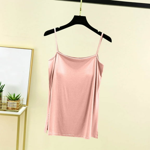 iHengLiXing Summer Saving 2025 Plus Size Tank Tops for Women Dressy Casual Women's Summer Fashion Solid Color Inner Layup With Chest Cushion And Suspender Round Neck Top Pink M
