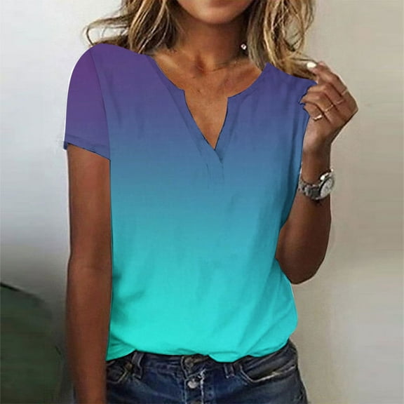 iHengLiXing Summer Tops for Womens Dressy Casual Women's Summer Fashion Gradient Print-neck Casual Short Sleeved Top Short Sleeved-neck Top/Shirt Green M