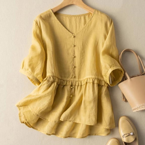 iHengLiXing Summer Tops for Womens Dressy Casual Women's Fashion Casual T-Shirt Short Sleeve-Neck Sweatshirt Blouse Yellow L