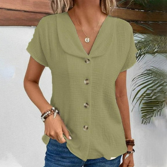 iHengLiXing Summer Tops for Womens Dressy Casual Women's Fashion Solid Color Button Short Sleeve Turndown Collar Blouse Green XL