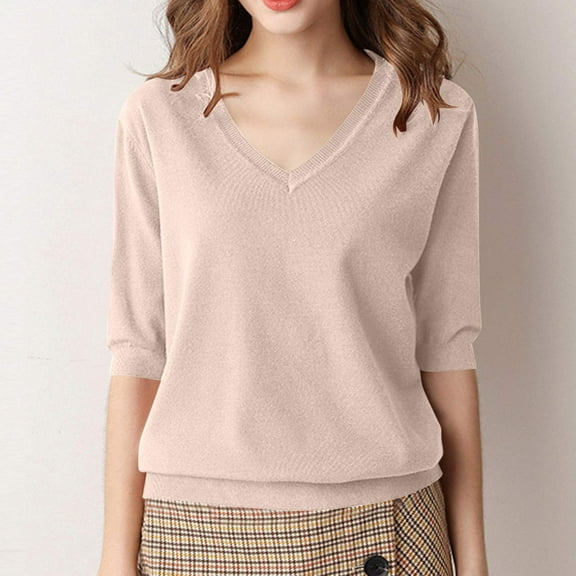 iHengLiXing Summer Tops for Womens Dressy Casual Women's Solid Color Knitted-neck Top Casual T-shirt With Mid Sleeves Brown L