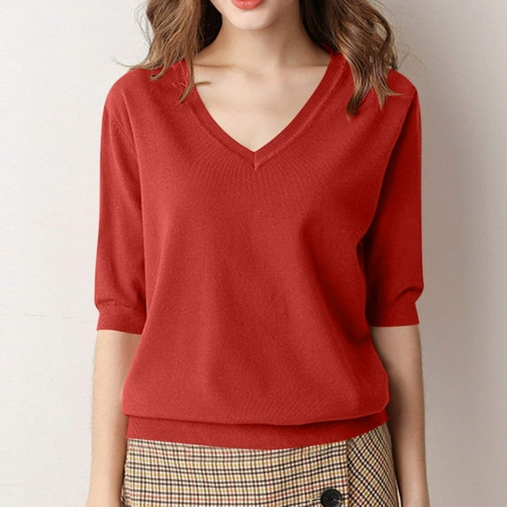 iHengLiXing Summer Tops for Womens Dressy Casual Women's Solid Color Knitted-neck Top Casual T-shirt With Mid Sleeves Red L