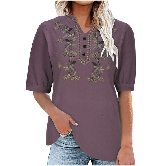 iHengLiXing Tops for Women Plus Size Women's Solid V-neck Cotton Linen Short Sleeved Solid Color T-shirt Cotton Linen Top Style Large Short Sleeved V-neck Top Short Sleeved V-neck Top/shirt Purple XL