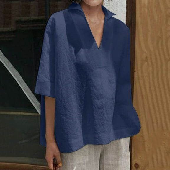 iHengLiXing Tops for Women Plus Size Women Short Sleeve V Neck Casual Loose Tops Ladies Shirts Blouse Blue XL