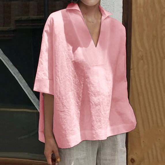 iHengLiXing Tops for Women Plus Size Women Short Sleeve V Neck Casual Loose Tops Ladies Shirts Blouse XXXL Pink
