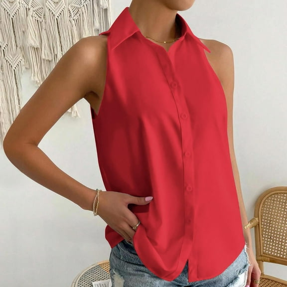 iHengLiXing Tops for Women Plus Size Women's Casual Solid Color Sleeveless Button-up Top Shirts XXL