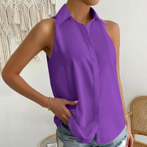iHengLiXing Tops for Women Plus Size Women's Casual Solid Color Sleeveless Button-up Top Shirts XXL