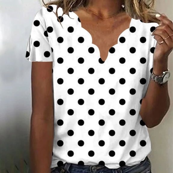 iHengLiXing Tops for Women Plus Size Women's Summer Fashion Polka Printed Collar Casual Short Sleeved Top Short Sleeved-neck Top/shirt L White