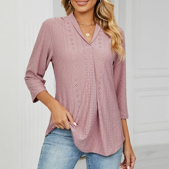 iHengLiXing Tops for Women Plus Size Women's V- Neck Solid Color Three Quarter Sleeve Lapel Tops