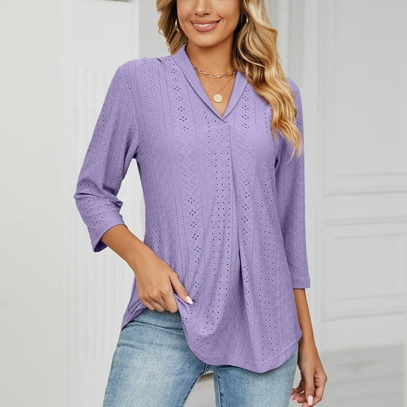 iHengLiXing Tops for Women Plus Size Women's V- Neck Solid Color Three Quarter Sleeve Lapel Tops