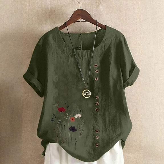 iHengLiXing Tops for Women Plus Size Women Casual And Linen Round-Neck Top Printed Short Sleeve Button T-shirt Blouse