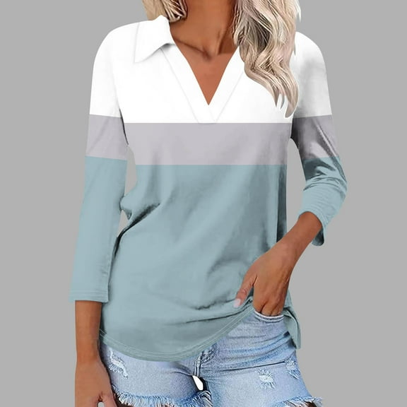 iHengLiXing Tops for Women Plus Size Women's Color Matching T-shirt V-neck Lapel 3/4 Sleeve Top
